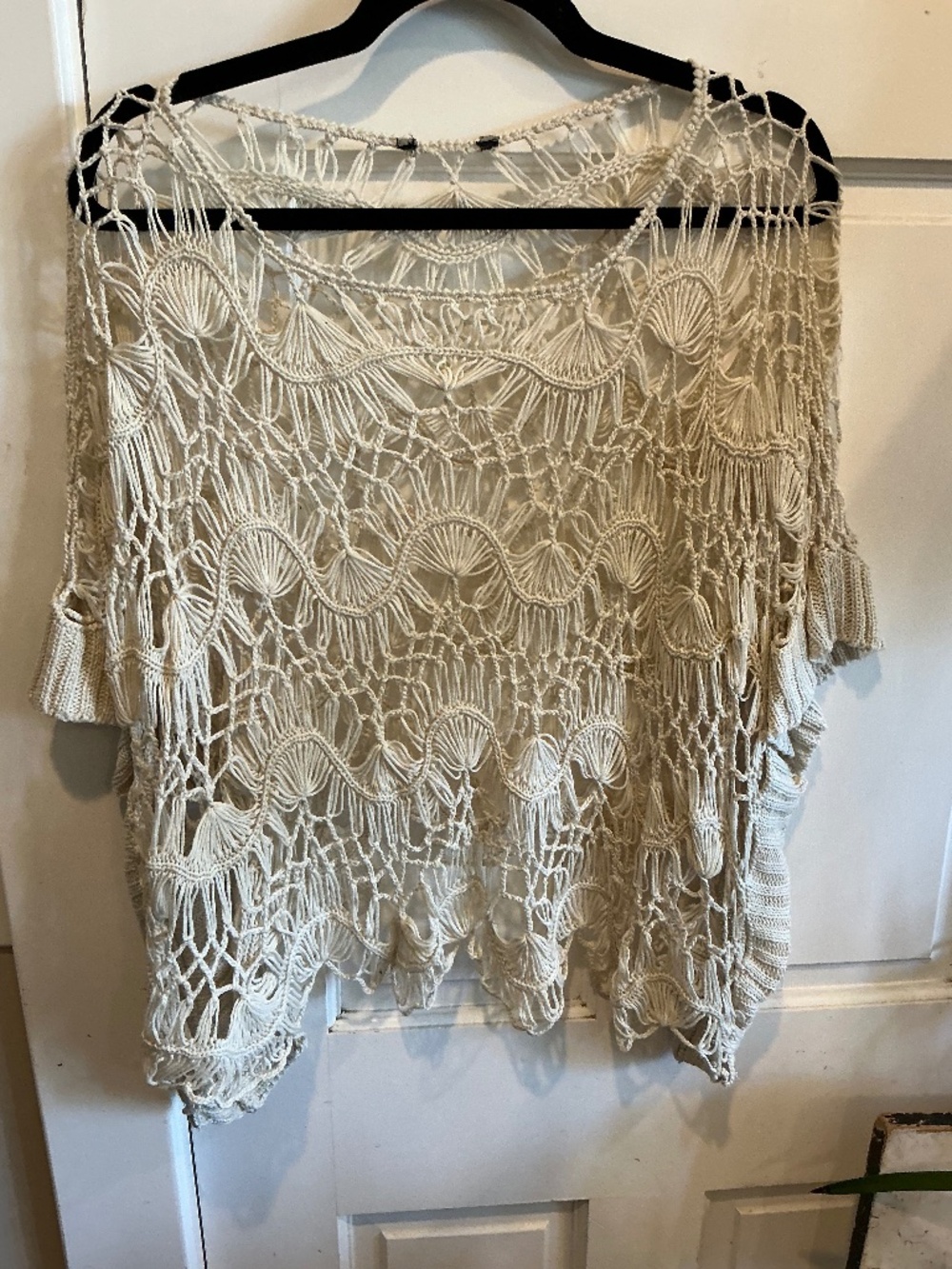 Boho crochet cropped pullover top with knitted cuffs!  One size fits most